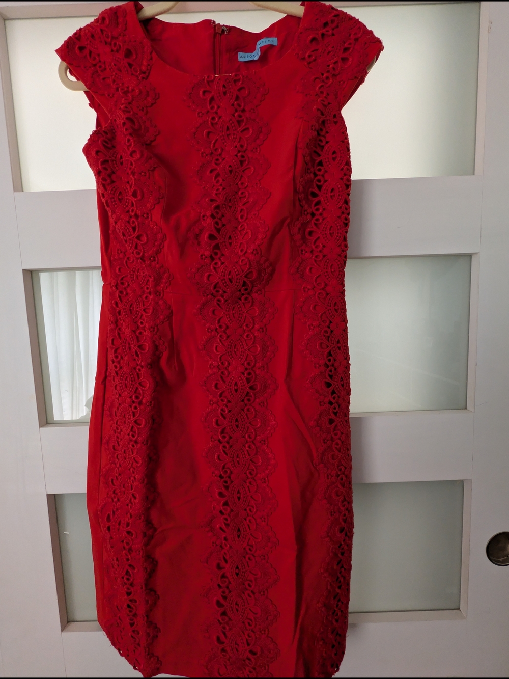ANTONIO MELANI Red Lace-Panel Midi Sheath Dress